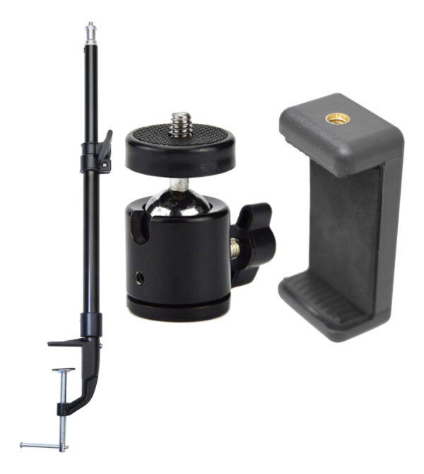 Soporte Mesa Columna Pie + Cabezal Bola + Soporte Smartphone