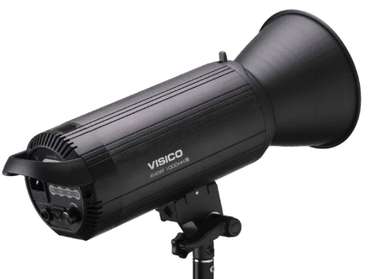 Vista lateral del flash de estudio Visico 1000W con montura Bowens.