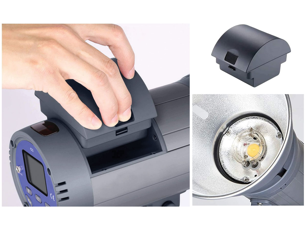 Detalle de la batería de litio y conexiones del flash Visico 4.