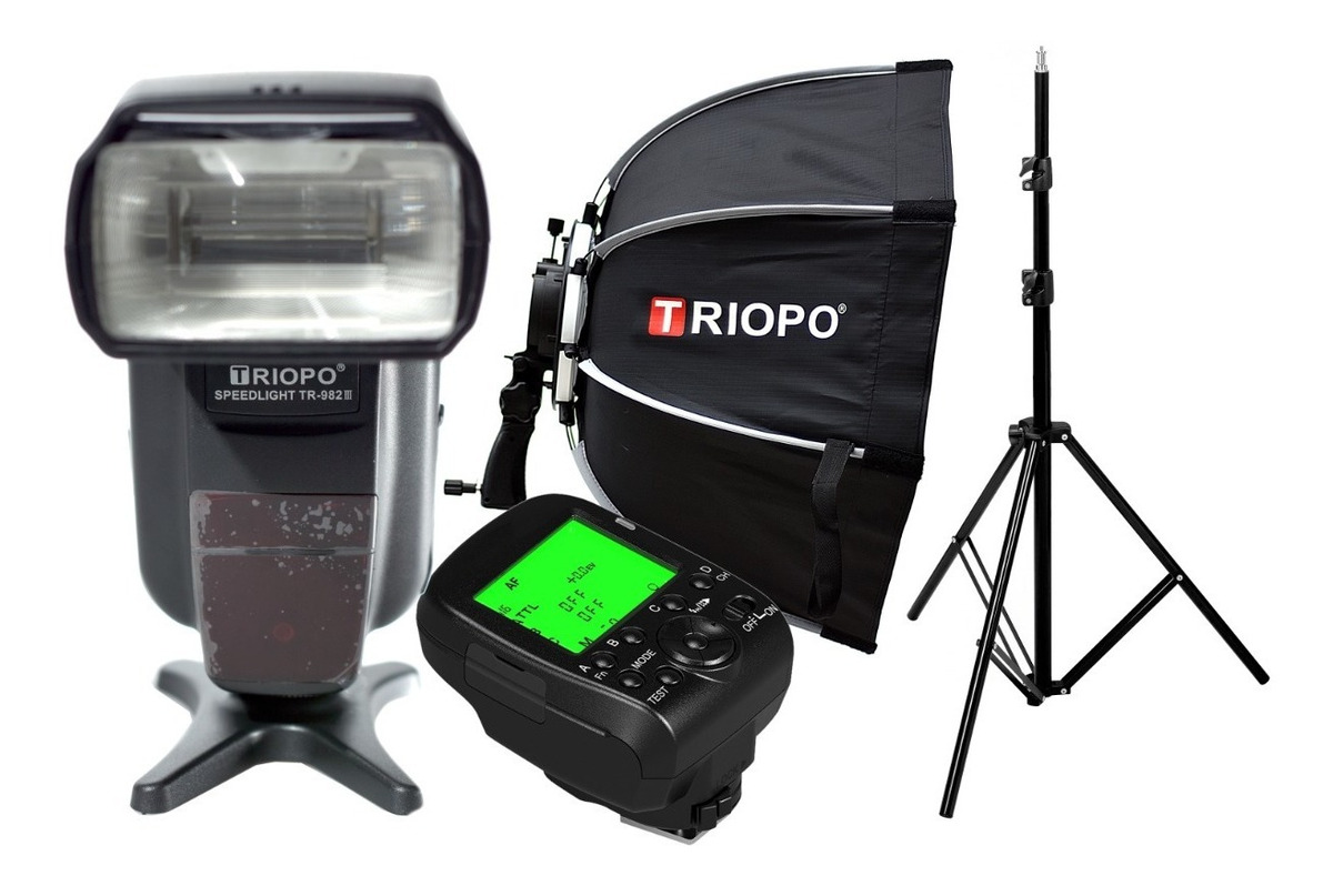 Kit Flash Nikon Triopo 982iii Emisor Ttl G1 Pie Octo Soft Box 90cm