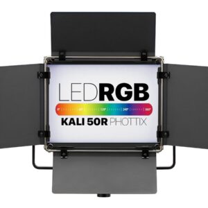 Panel LED RGB Phottix Kali50R con barndoor para fotografía y video profesional