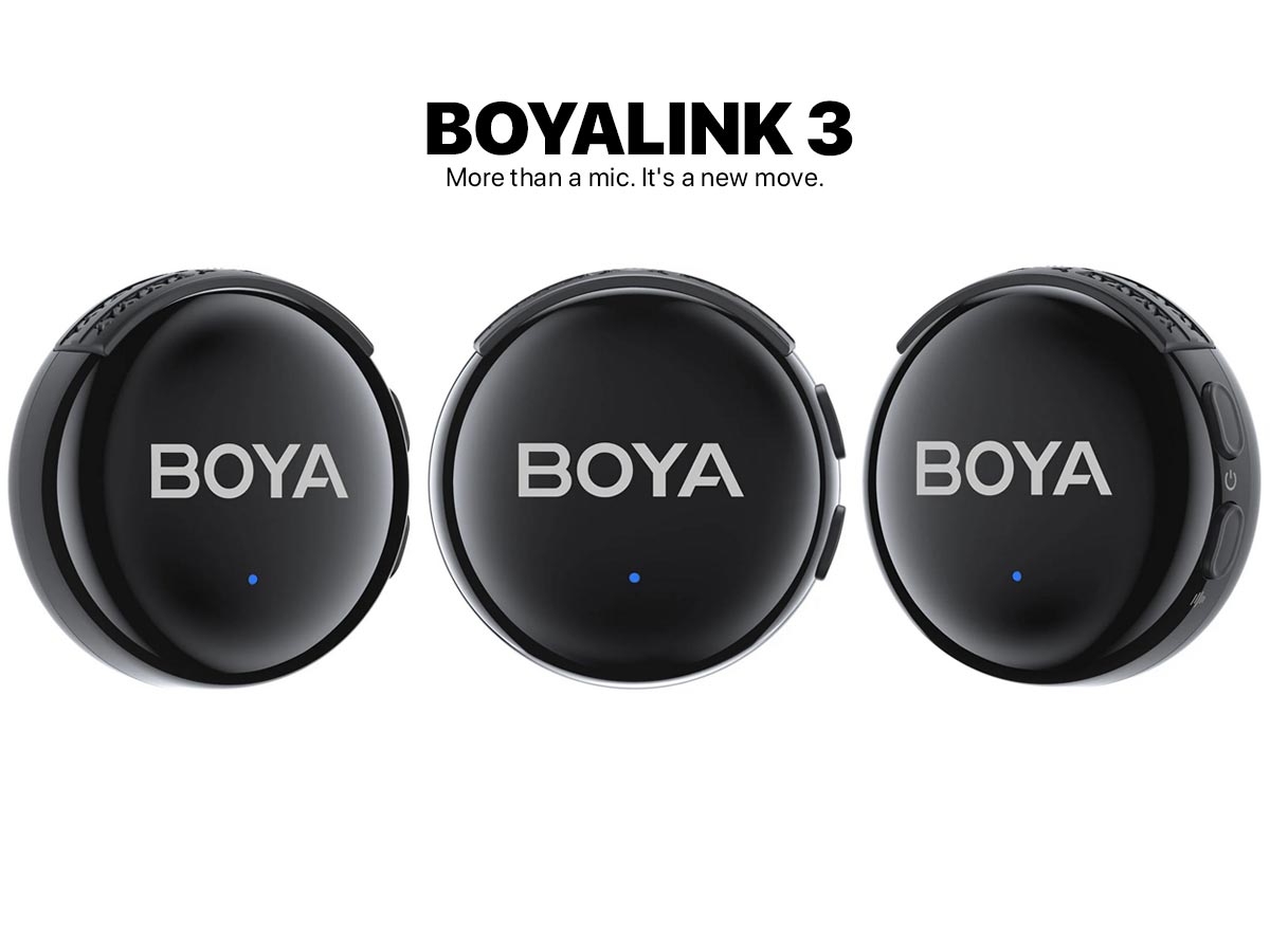 Transmisores BOYA BOYALINK 3-02 tipo botón con cancelación de ruido por IA y diseño ultra compacto