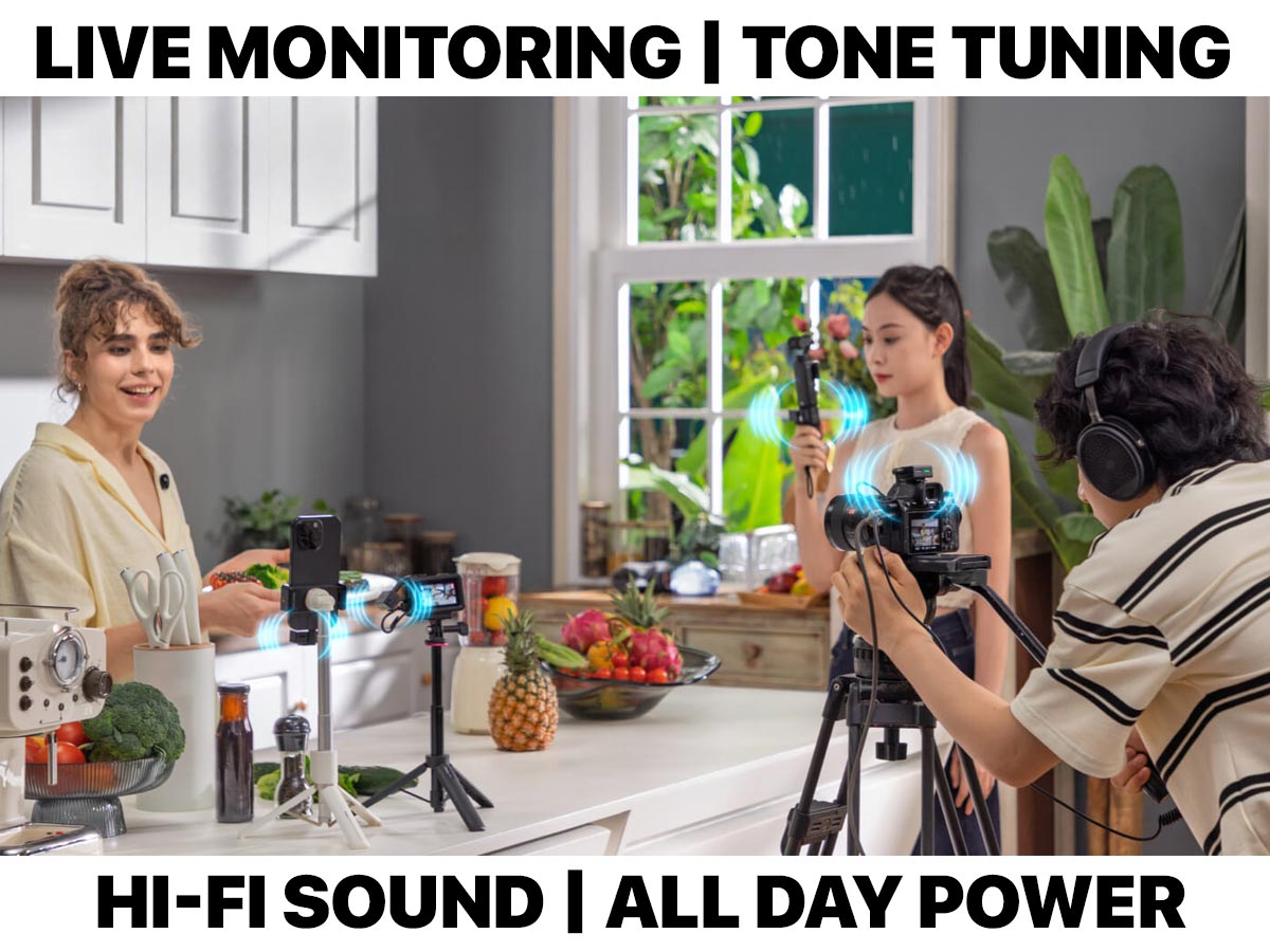 Micrófono inalámbrico BOYA BOYALINK 3-02 en uso profesional con monitoreo en vivo y grabación de video