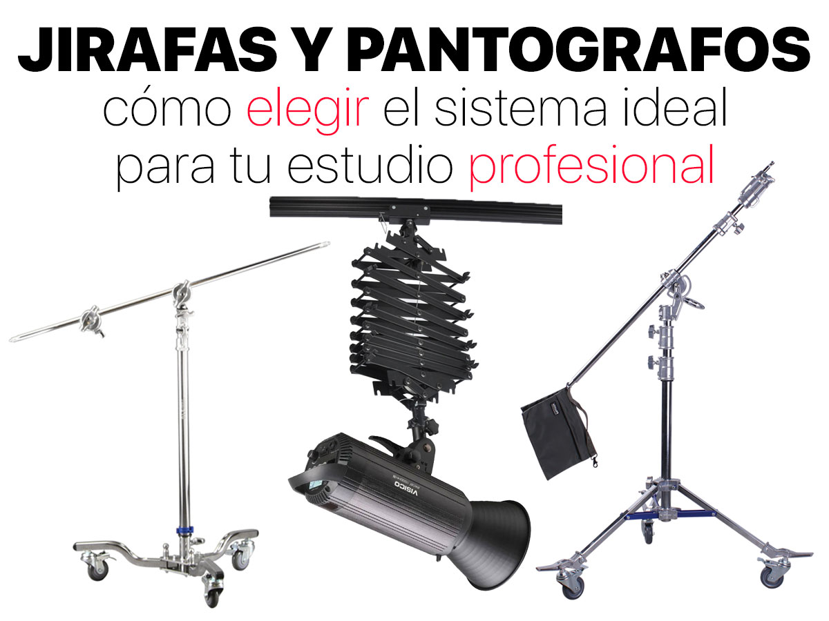Guía visual de jirafas y pantógrafos de iluminación para estudio profesional: C-Stand, jirafa cenital y pantógrafo de techo
