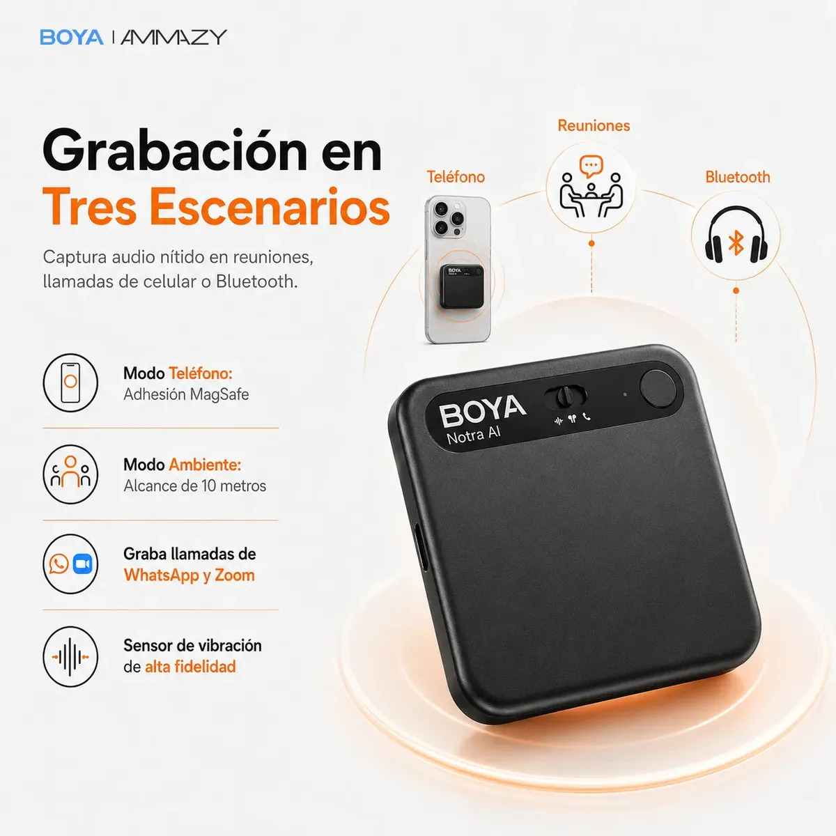 Grabador De Voz Digital Pro 64gb Boya Notra Naranja Ia Nota - Imagen 3
