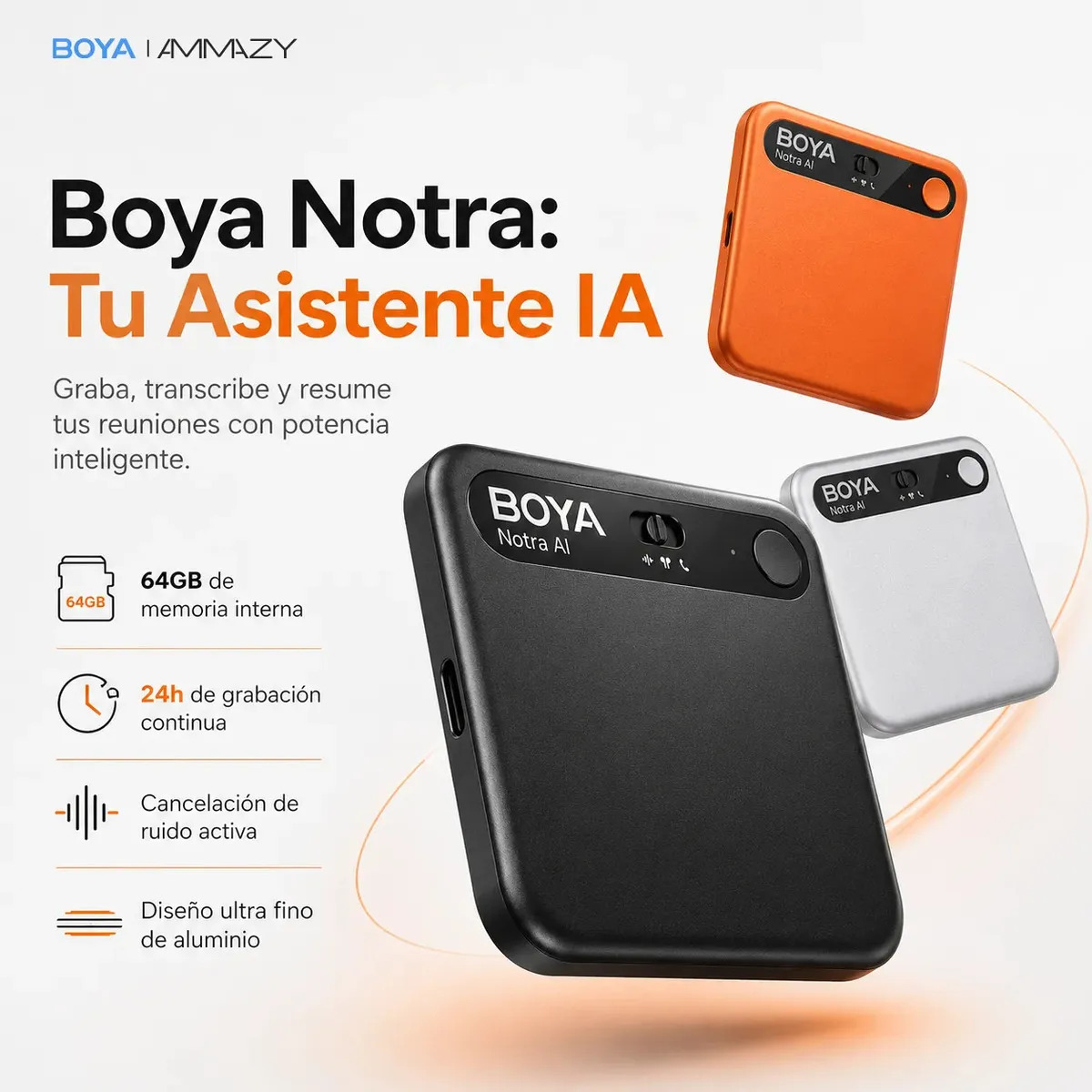 Grabador De Voz Digital Pro 64gb Boya Notra Naranja Ia Nota - Imagen 2